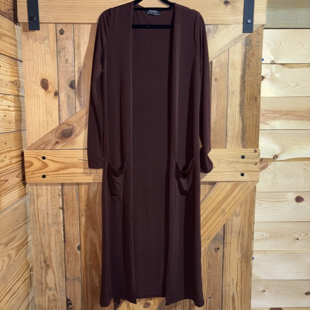 Brigitte Brianna Long Cardigan Duster Pockets Open Front Sexy Modest Small